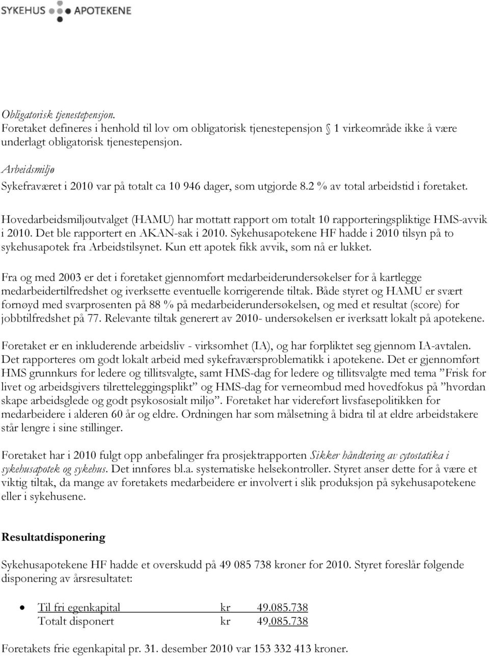 Hovedarbeidsmiljøutvalget (HAMU) har mottatt rapport om totalt 10 rapporteringspliktige HMS-avvik i 2010. Det ble rapportert en AKAN-sak i 2010.