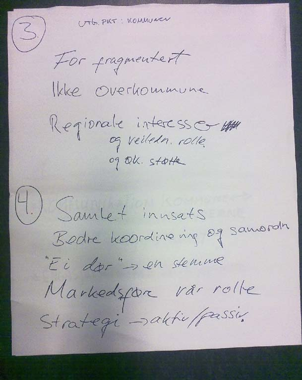 5.4.2 Besvarelse gitt på flippover Gruppen diskuterte først det faktum at det regionale nivåets roller er å forholde seg til kommunene som helhet og ikke fragmentert som grupper av politikere,