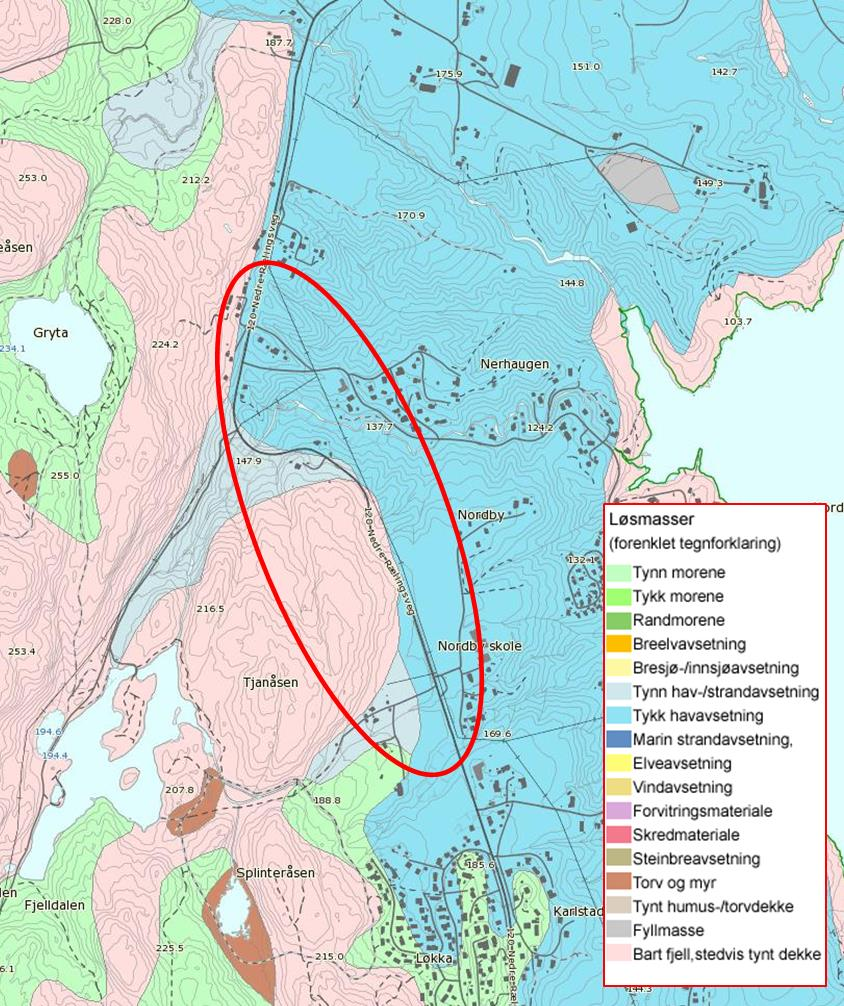 3.3 SKRED Figur 4 Løsmassekart (kilde NGU) Et søk på Skrednett.no viser ingen kjente kvikkleire aktsomhetsområder eller faresoner i planområdet.