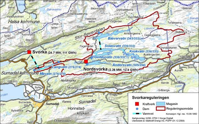 2.2 Vannkraftutbygging og fysiske forhold Bævra ble regulert i 1963 ved at nedslagsfeltet til sideelvene Svorka og Lille Bævra (til sammen 104 km² eller 43 % av nedslagsfeltet) ble overført til