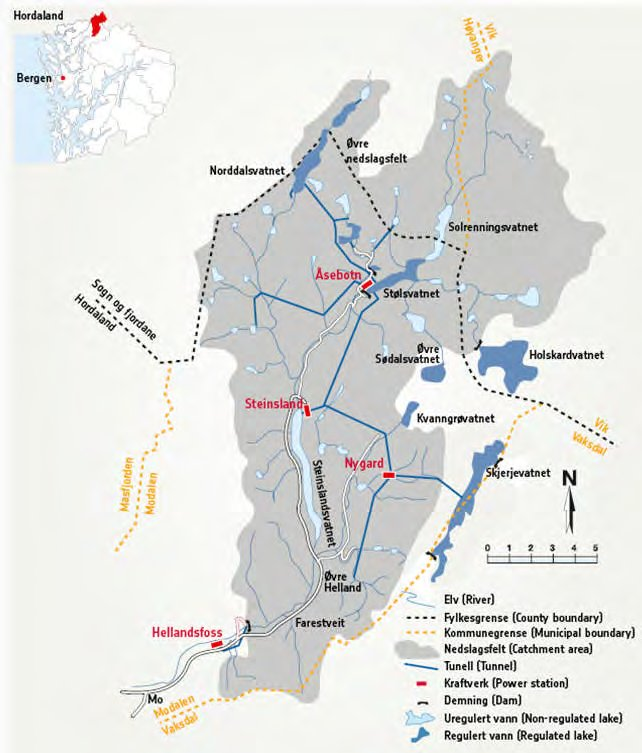 3.6 STEINSLANDS- /MODALSVASSDRAGET 3.6.1 Reguleringar og restriksjonar Modalsvassdraget har sitt utspring i Stølsheimen. Vassdraget vart regulert i 1975 og siste utbyggingstrinn var i 2005.