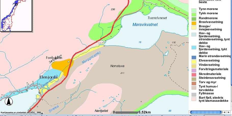 Mørsvikelva kraftverk 14. juni 2010 17 Figur 8. Som en ser av dette kartet, så er det godt med lausmasser i utbyggingsområdet.