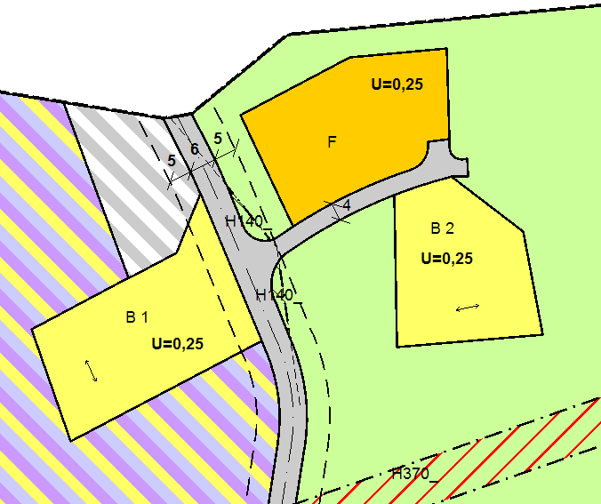 Figur 1-14: Bestemmelsesområde angis med stipling rundt området, samt en påskrift 1.8.7 Andre eksempler Eksempel på Bygg som skal bevares, tre som skal bevares, nytt planlagt tre og tomtefeste.