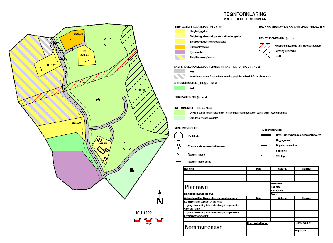 1.3 Analoge og digitale plankartdokument Figur 1-1 Eksempel på plankartdokument (basiskart, rutenett mm mangler i dette eksempelet) Kommunedelplan er en del av kommuneplanens arealdel, og dermed også