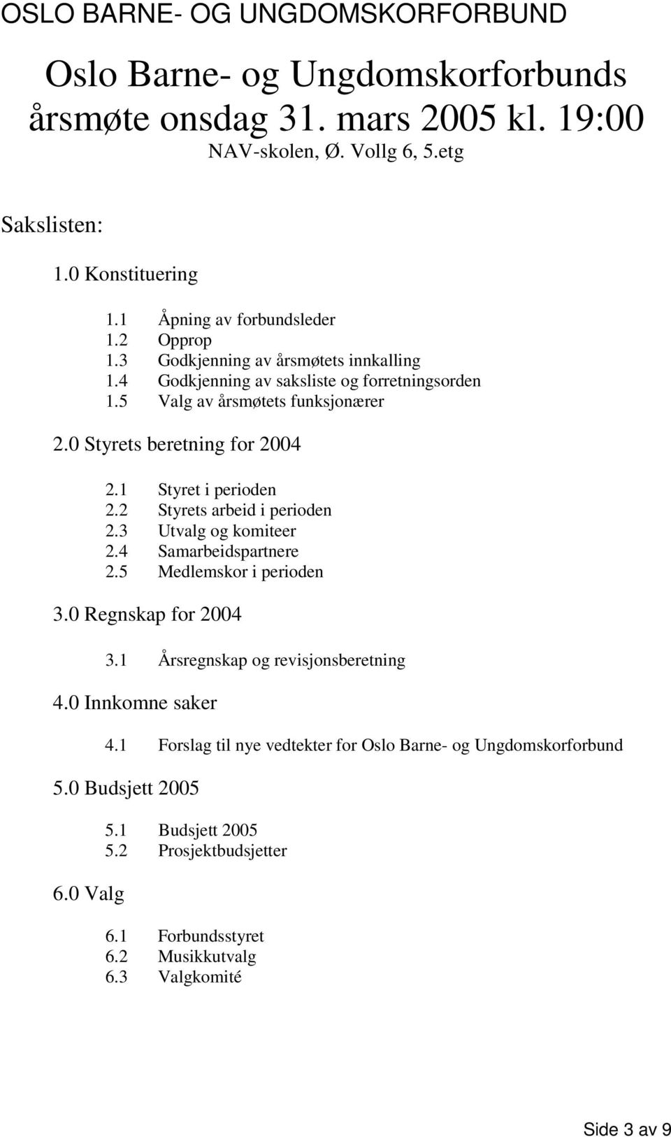 2 Styrets arbeid i perioden 2.3 Utvalg og komiteer 2.4 Samarbeidspartnere 2.5 Medlemskor i perioden 3.0 Regnskap for 2004 3.1 Årsregnskap og revisjonsberetning 4.0 Innkomne saker 4.