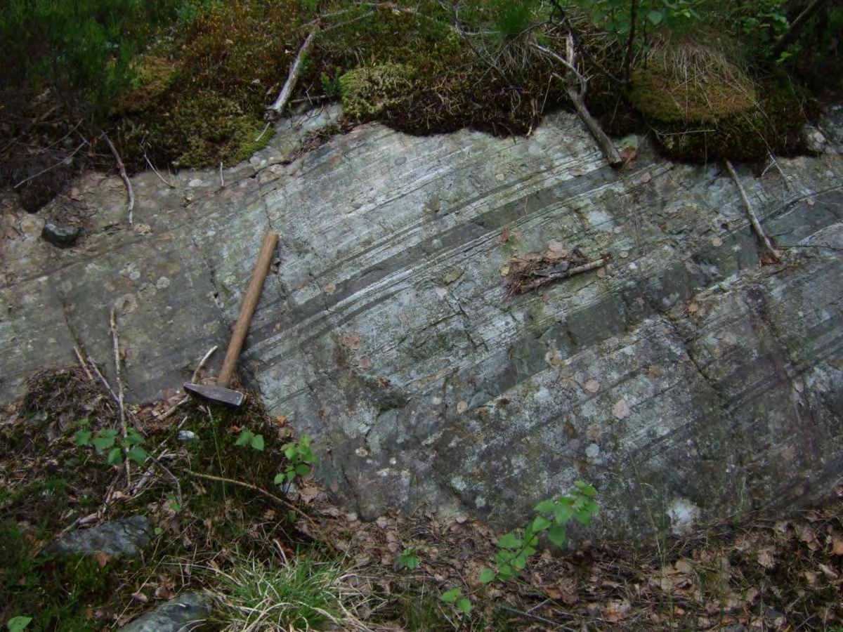 Figur 15: Parti langs veien ved Fjølbuvann som viser den godt utviklede plane spaltingen i gneisen.