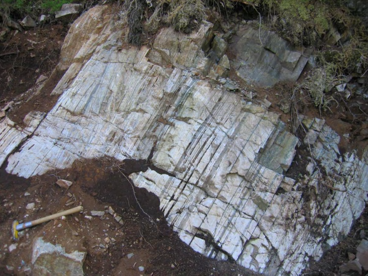 Figur 19: Sterkt deformert, båndet og planskifrig granittisk gneis Veiskjæring ved skogsveien inn til