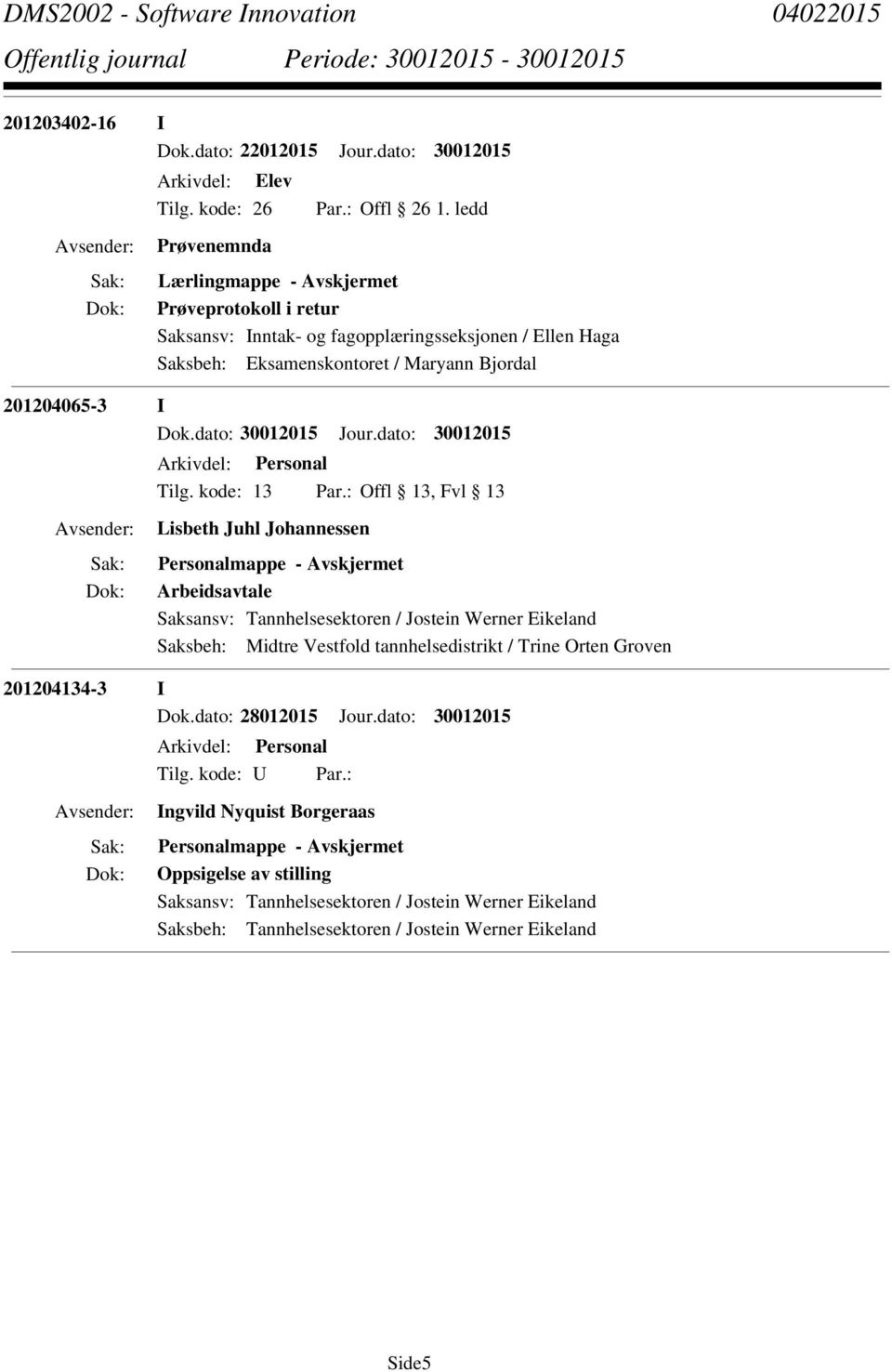 Personal Lisbeth Juhl Johannessen Personalmappe - Arbeidsavtale Saksansv: Tannhelsesektoren / Jostein Werner Eikeland Saksbeh: Midtre Vestfold