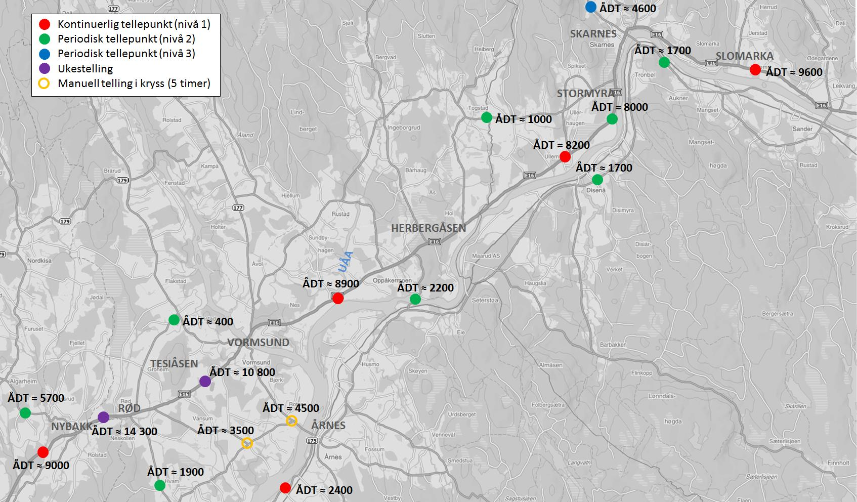 SILING AV ALTERNATIVER FOR STREKNINGEN NYBAKK-ULLERN 11 3 Beskrivelse av alternativer 3.1 Dagens situasjon 3.1.1 Trafikkmengder Det foreligger trafikktellinger fra flere tellepunkt i plan- og influensområdet.