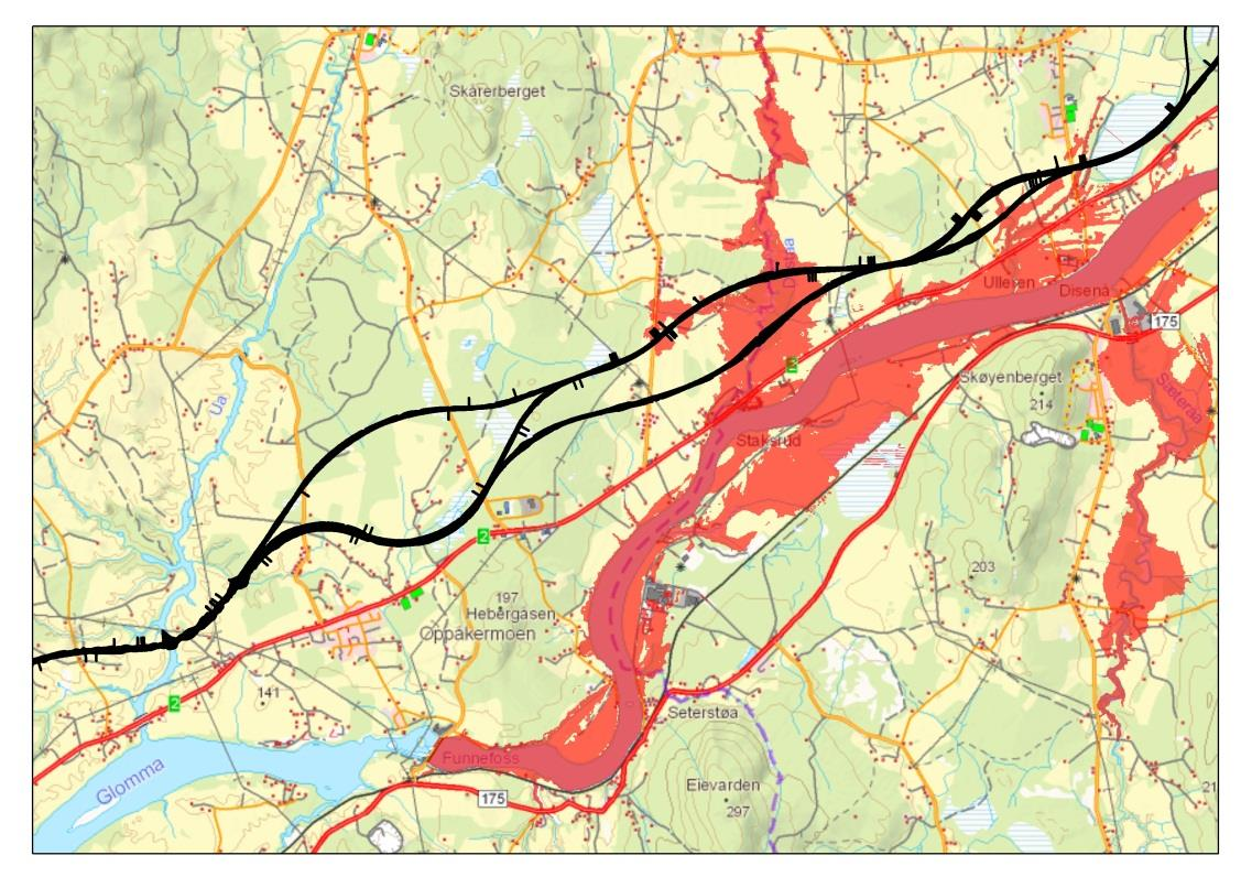 SILING AV ALTERNATIVER FOR STREKNINGEN NYBAKK-ULLERN 23 Figur 15 Flomsonekart for 200-årsflom i Glomma(utarbeidet av NVE) Vurdering av konsekvenser for alternativene Alternativ 1 er den sørligste