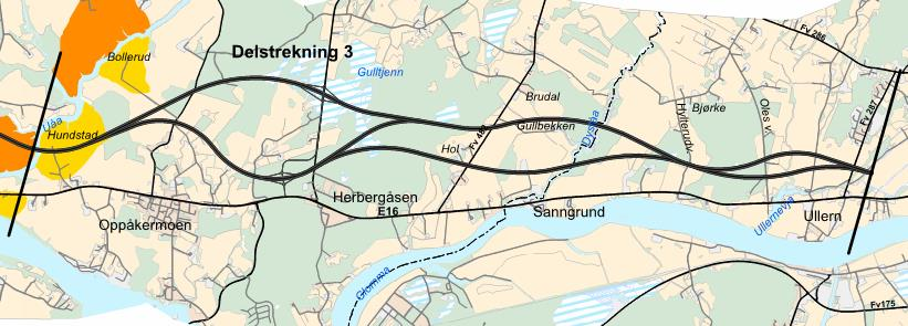 SILING AV ALTERNATIVER FOR STREKNINGEN NYBAKK-ULLERN 25 4.2.3 Delstrekning 3 Uåa-Ullern Beskrivelse av dagens situasjon Kartet under viser områder med skredfare.