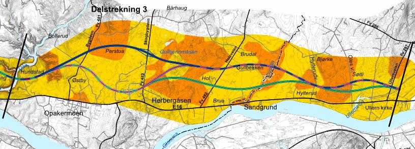 40 SILING AV ALTERNATIVER FOR STREKNINGEN NYBAKK-ULLERN Øst for golfanlegget går alternativet sammen med alternativ 2 og krysser Ilangsevja (se beskrivelse felles for alternativ 1 og 2).