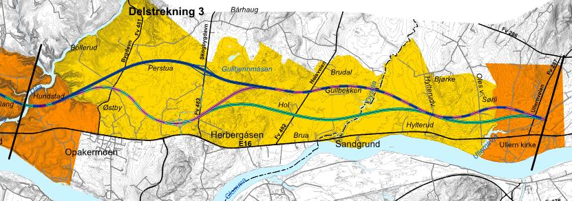 46 SILING AV ALTERNATIVER FOR STREKNINGEN NYBAKK-ULLERN Vurdering av konsekvenser for alternativene Kulturmiljøet i delstrekning 3 er vurdert å ha middels og regional verdi ved Hundstad og Ullern.