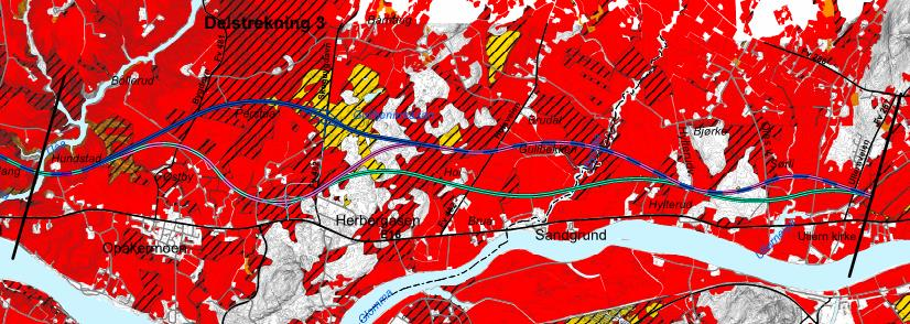 SILING AV ALTERNATIVER FOR STREKNINGEN NYBAKK-ULLERN 57 Vurdering av konsekvenser for alternativene Tabellen viser arealbeslag for dyrka og dyrkbar mark for de ulike alternativene.