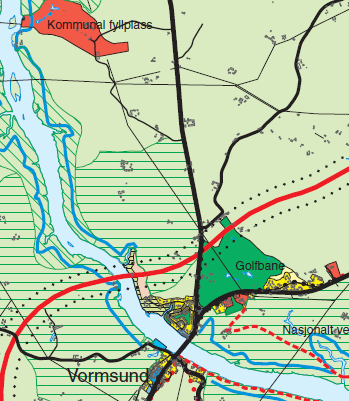 SILING AV ALTERNATIVER FOR STREKNINGEN NYBAKK-ULLERN 61 Figur 16 Utsnitt fra gjeldende kommuneplan i Nes kommune ved Vormsund. (Rød linje i kartet viser planlagt trase for E16 fra kommunedelplanen) 7.