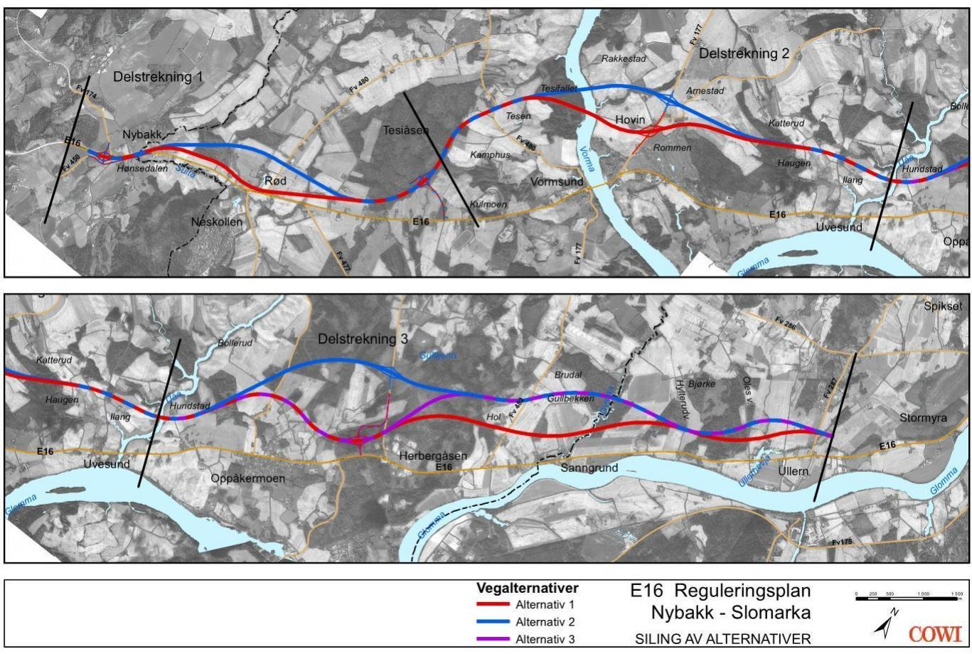 SILING AV ALTERNATIVER FOR STREKNINGEN NYBAKK-ULLERN 9 Delstrekning 2 Tesiåsen-Uåa: Alternativ 1 og 2 Delstrekning 3 Uåa-Ullern: Alternativ 1, 2 og 3 Figur 3 Oversikt over alternativer Nybakk-Ullern.