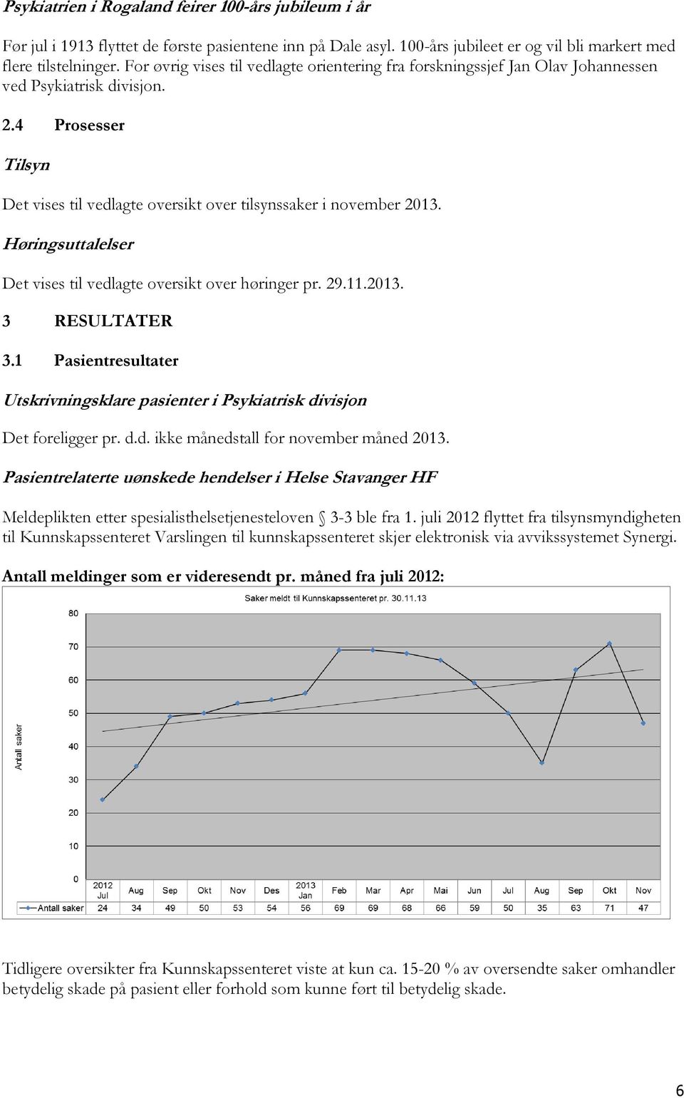 Høringsuttalelser Det vises til vedlagte oversikt over høringer pr. 29.11.2013. 3 RESULTATER 3.1 Pasientresultater Utskrivningsklare pasienter i Psykiatrisk divisjon Det foreligger pr. d.d. ikke månedstall for november måned 2013.