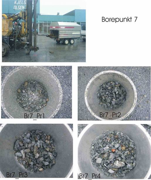 Møllendal Miljøteknisk grunnundersøkelse 37 / 90 Borepunkt 7 Borpunkt 7 ble 6 m dyp Her ble det ikke boret ned til fjell En blandet prøve ble tatt fra Br 7, BlPr 10 fra 0-6 m Materiale i Br 7 er