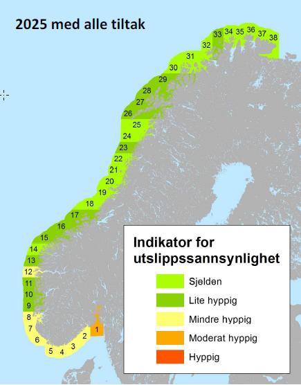 Geografisk fremstilling av utslippssannsynlighet beregnet