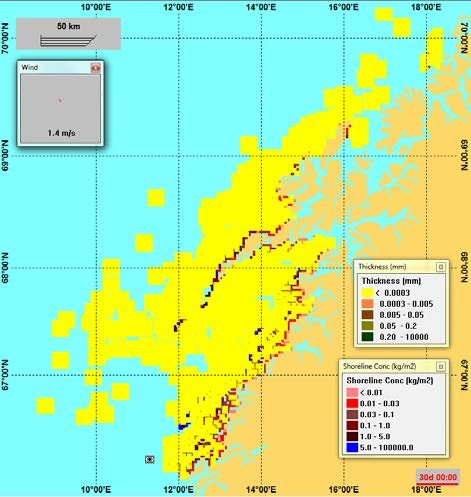 Figur 6-1 Enkeltsimulering for N-L1 (Nordland IV) - tidsutviklingen av olje på overflaten presentert som