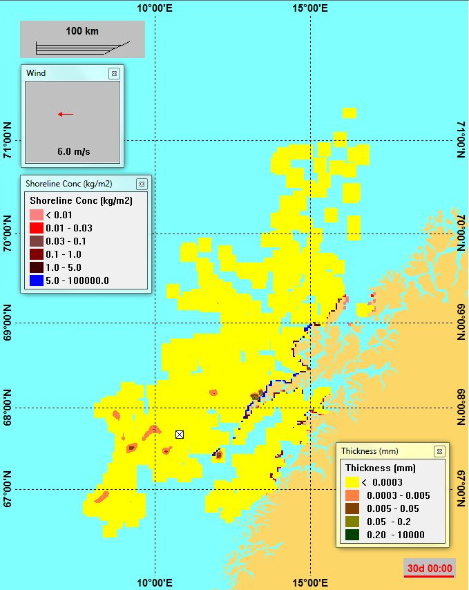 Figur 6-5 Enkeltsimulering for N-L3 (Nordland VI) - tidsutviklingen av olje på overflaten presentert som