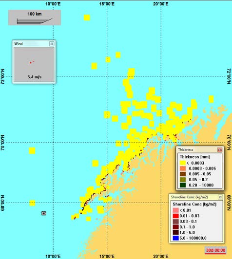 Figur 6-15 Enkeltsimulering for N-O9 (Nordland VI) - tidsutviklingen av olje på overflaten presentert som