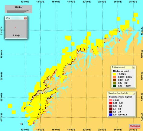 Figur 6-19 Enkeltsimulering for N-O14 (Nordland V) - tidsutviklingen av olje på overflaten presentert som