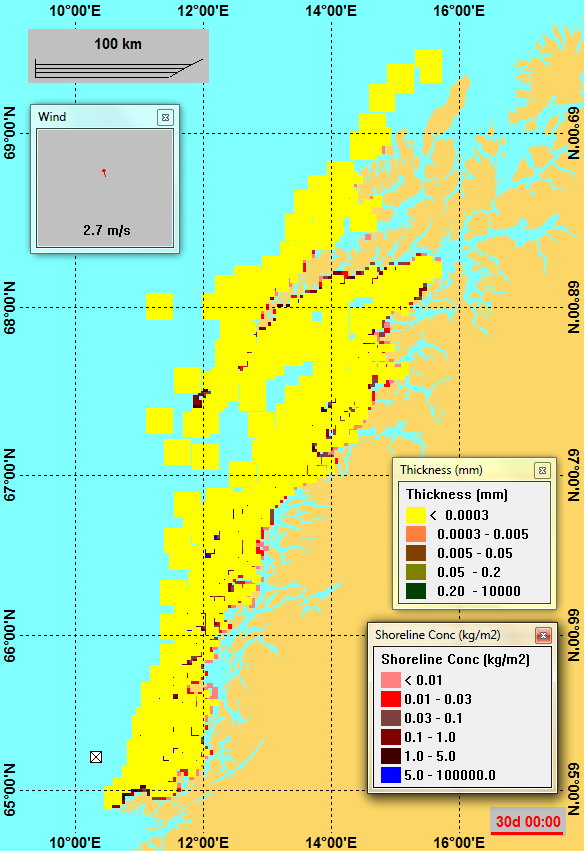 Figur 6-21 Enkeltsimulering for N-O15 (Svale) (Nordland IV) - tidsutviklingen av olje på overflaten presentert som