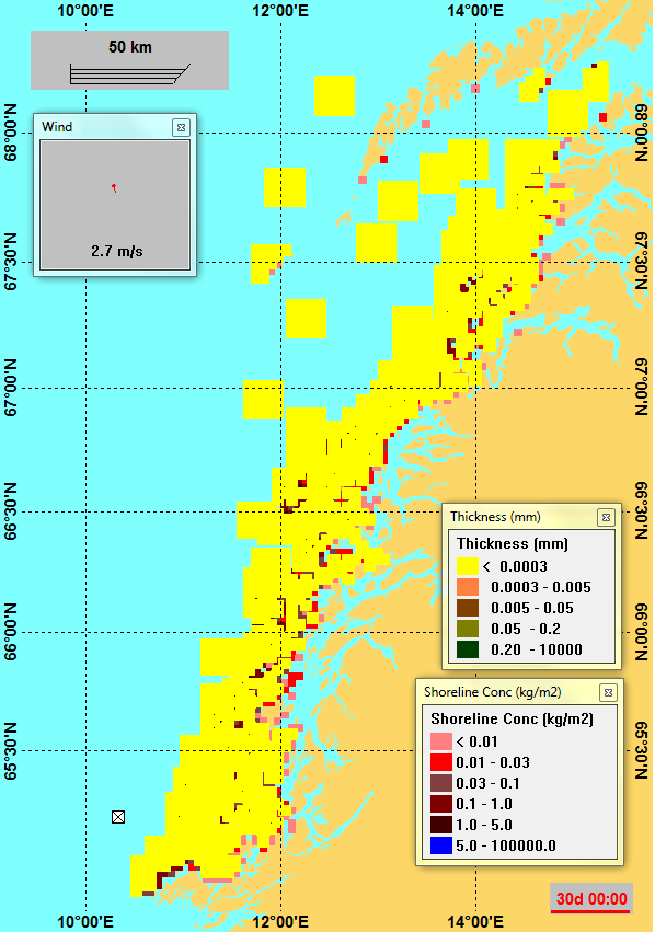 Figur 6-23 Enkeltsimulering for N-O15 (Huldra) (Nordland IV) - tidsutviklingen av kondensat på overflaten presentert som