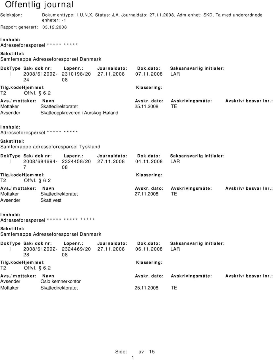 2008 07.11.2008 LAR 24 08 25.11.2008 TE Avsender Skatteoppkreveren i Aurskog-Høland Adresseforespørsel ***** ***** Samlemappe adresseforespørsel Tyskland I 2008/684694-2324458/20 27.