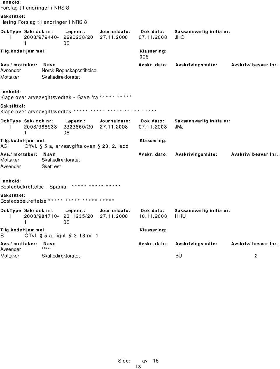 2008 JHO 008 Avsender Norsk Regnskapsstiftelse Klage over arveavgiftsvedtak - Gave fra ***** ***** Klage over arveavgiftsvedtak ***** *****