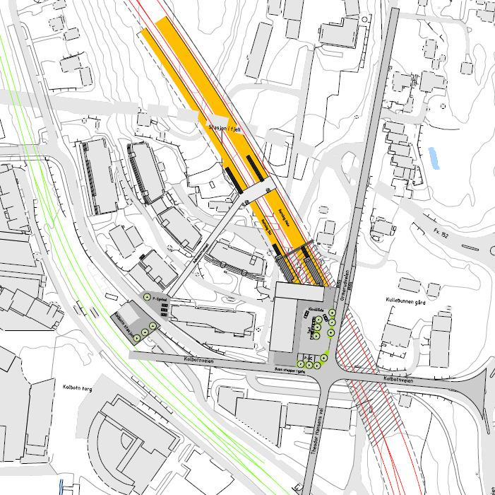 NY STASJON ØST FOR DAGENS SENTRUM (K4-3) NY STASJON I RIKEÅSEN Ny stasjon med 2 eller 3 spor under Rikeåsen, plattform i kurve Stasjon i