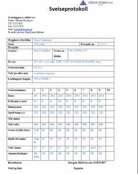 Sveise protokoll Eksempel på dokumentasjon