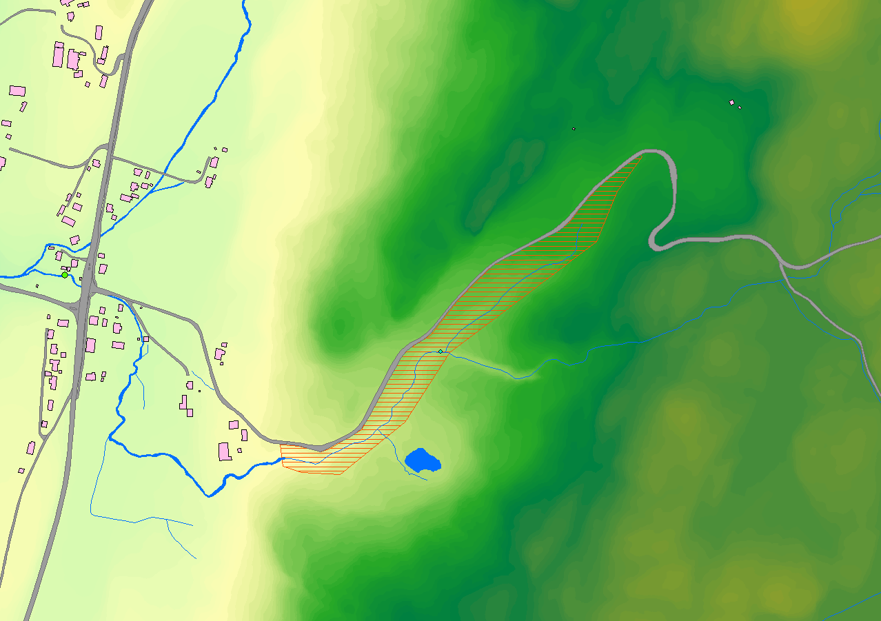 FAGRAPPORT VASSDRAGSTEKKNIKK 11 (23) Basert på etablert tinmodell er det generert en noe grovere rastermodell med oppløsning på 1*1 meter. Figur 3.