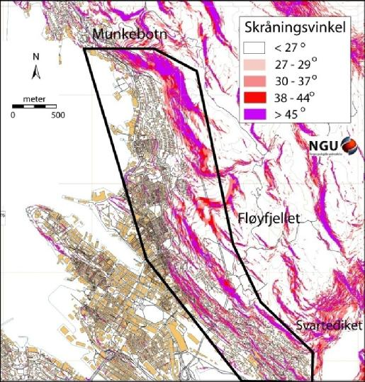 Fjellsiden Tett bebygd, i skråninger og rett under skråninger >45º Grønnskifer i sør, gneis i nord (sprekker opp i