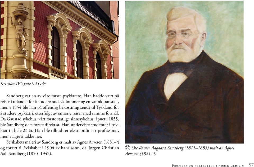 reiser med samme formål. Da Gaustad sykehus, vårt første statlige sinnssykehus, åpnet i 1855, ble Sandberg dets første direktør. Han underviste studenter i psykiatri i hele 23 år.