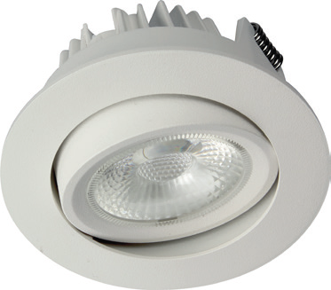 JUNO GYROCOB+ 10W LED Lavtbyggende fleksibel downlight. 2700 K, 650lm, Ra>95, 50 000 timer, 40 strålevinkel, 25 tilt i alle retninger. Leveres sammenkoblet med LED driver. Dimbar 0-100 %. Hulldia.