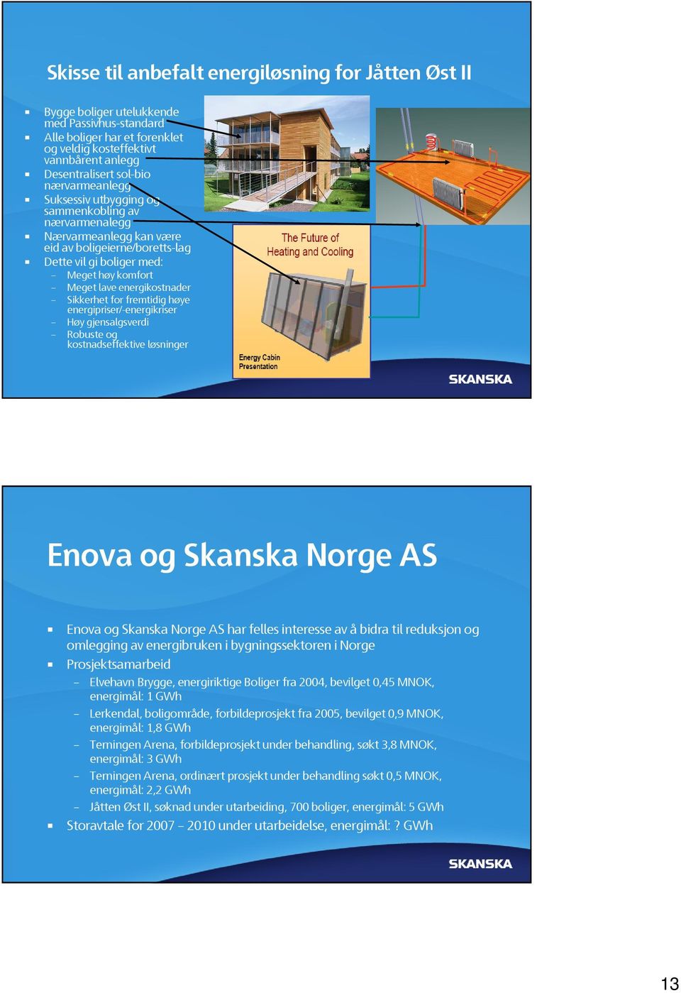 Sikkerhet for fremtidig høye energipriser/-energikriser Høy gjensalgsverdi Robuste og kostnadseffektive løsninger Enova og Skanska Norge AS Enova og Skanska Norge AS har felles interesse av å bidra