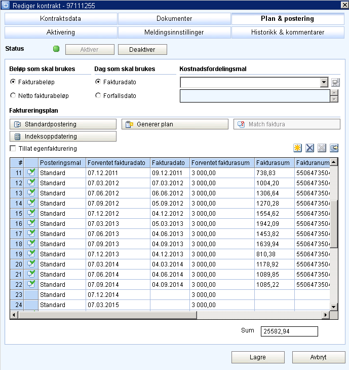Under fanen Plan & postering kan en etter hvert se fakturahistorikken; hvilket beløpet som er matchet og hvilket fakturanummer det gjelder.
