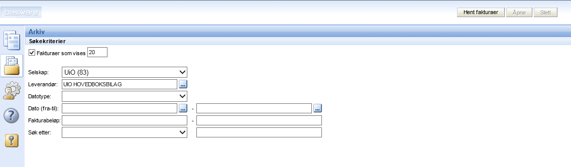 Elektronisk arkiv Trykk på arkiv og Hent fakturaer. Legge inn Selskap, leverandør og andre søkekriterier for å begrense søket.