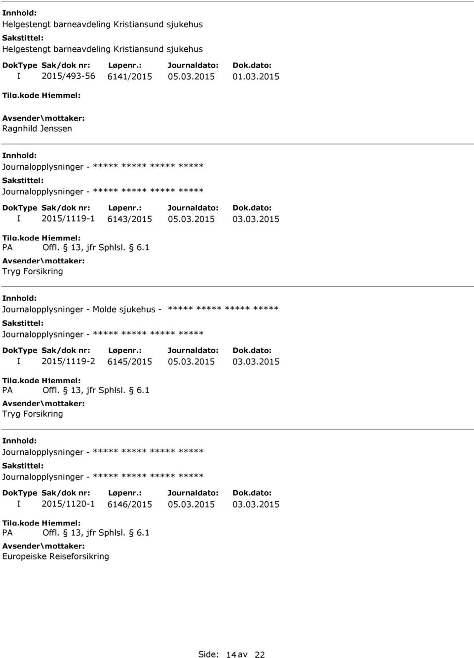 2015 Ragnhild Jenssen Journalopplysninger - Journalopplysninger - 2015/1119-1 6143/2015 Tryg Forsikring