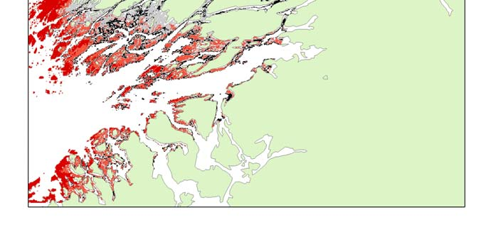 Fig 9. Kart som viser resultatet fra sannsynlighetsmodellen for utbredelse av tareskog i 2007 (sannsynlighet 0-1 vist med ulike farger).