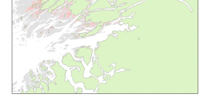 Fig 10. Kart som viser resultatet fra sannsynlighetmodell for forekomst av grønne kråkeboller uttrykt som ulike farger (sannsynlighet 0-0,79).