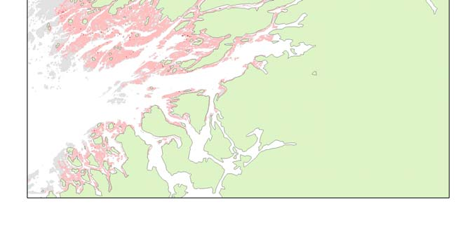 Fig. 11. Kart som viser resultatet fra sannsynlighetmodell for utbredelse av røde kråkeboller. Røde områder har størst sannsynlighet for forekomst av røde kråkeboller, grå områder liten sannsynlighet.
