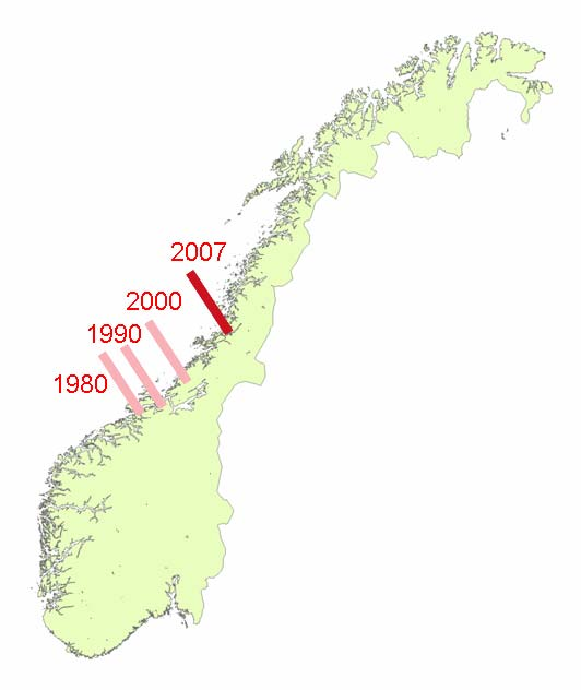 Diskusjon Data fra denne undersøkelsen viser at fronten mellom tare- og kråkebolledominerte områder går omtrent ved 65º30 N, ved Brønnøysund (i 2007).