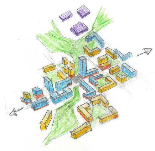 Skissen under viser høyest fortetting og bymessighet langs bussveien, med blå bygg som illustrerer næring, kontor og nærhandel. Et grøntdrag skjærer igjennom hovedaksen.