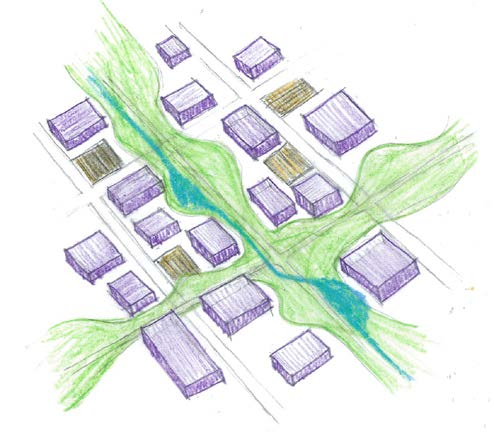 Skissen viser mulig utforming av næringsområder utenfor bussveien - med en fortsettelse av næringsbebyggelse i kategori 2 og 3 illustrert med lilla, og et fravær av rene kontorbygg.