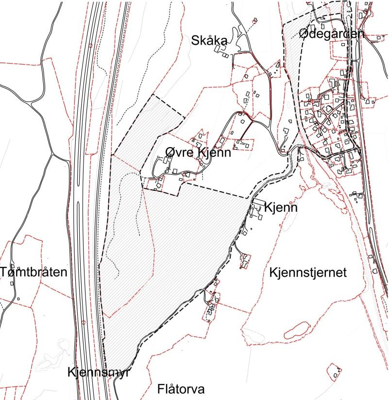 Det utvalgte området på Kjenn Tre eiendommer: Skåka (Tilført masser fra E6-utbyggingen), mye blokkstein/stein, ikke dyrkbart i dag, hestebeite Kjenn øvre, hogstflate, ikke dyrkbart pga.