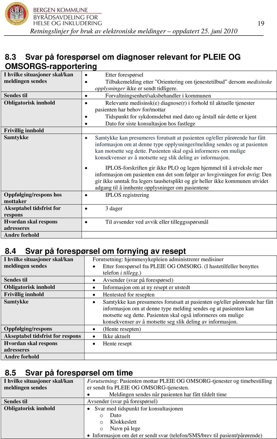 Sendes til Forvaltningsenhet/saksbehandler i kommunen Obligatorisk innhold Relevante medisinsk(e) diagnose(r) i forhold til aktuelle tjenester pasienten har behov for/mottar Tidspunkt for