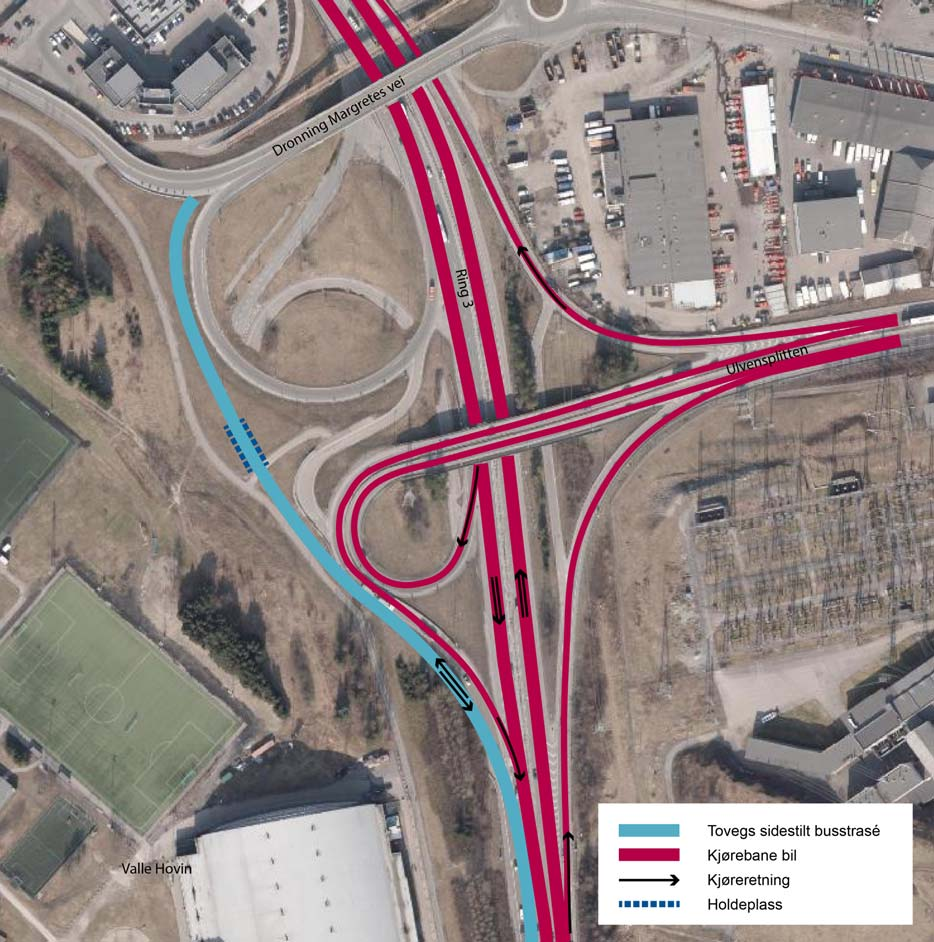 4.3 ULVENSPLITTEN Eksisterende løsning er et stort planskilt T-kryss. Siden Ulvensplitten kommer inn fra øst kan en sidestilt busstrasé på vestsiden gå uhindret på utsiden.